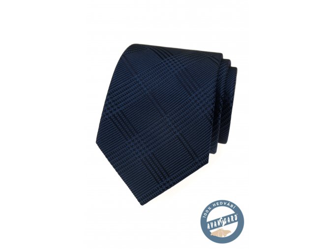 Tmavě modrá hedvábná károvaná pánská kravata