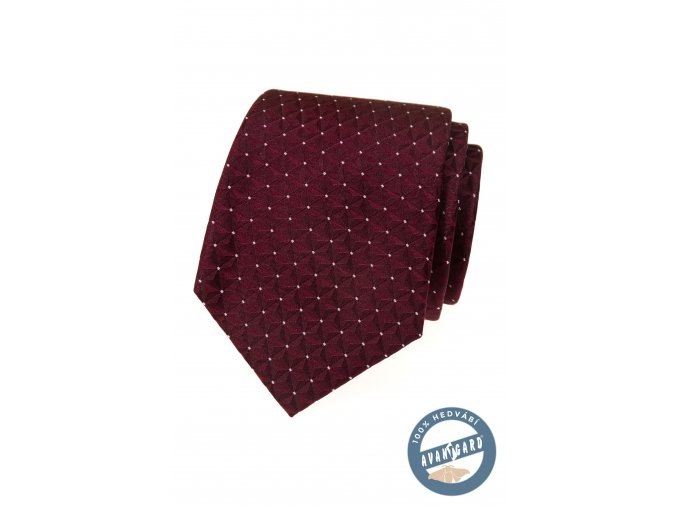 Vínová hedvábná pánská kravata s trojrozměrným vzorem a bílými tečkami