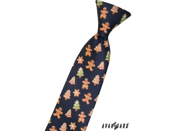 Tmavě modrá dětská kravata na gumičku se vzorem – Vánoční perníček (31 cm)