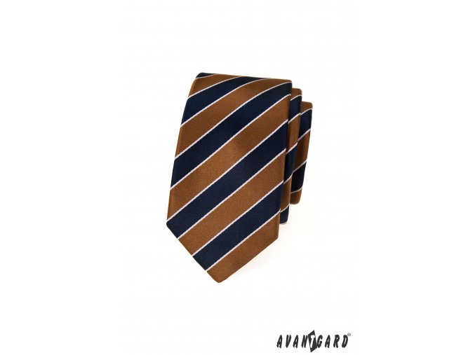 Modro-hnědá pruhovaná luxusní pánská slim kravata