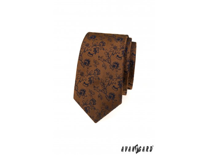 Hnědá luxusní pánská slim kravata s květovaným vzorem