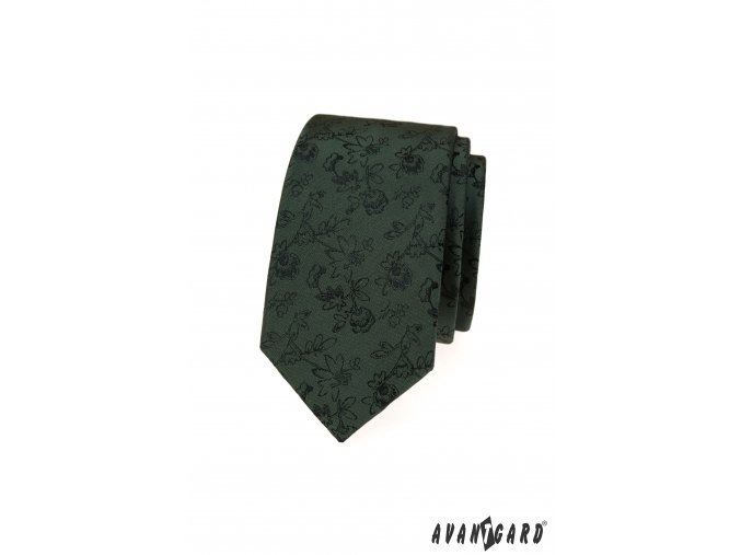 Zelená luxusní pánská slim kravata s květy
