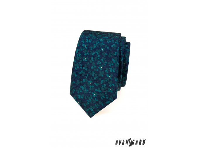 Tmavě modrá luxusní pánská slim kravata s tyrkysovými lístky