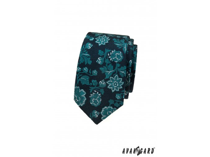 Tmavě modrá luxusní pánská slim kravata s tyrkysovými květy