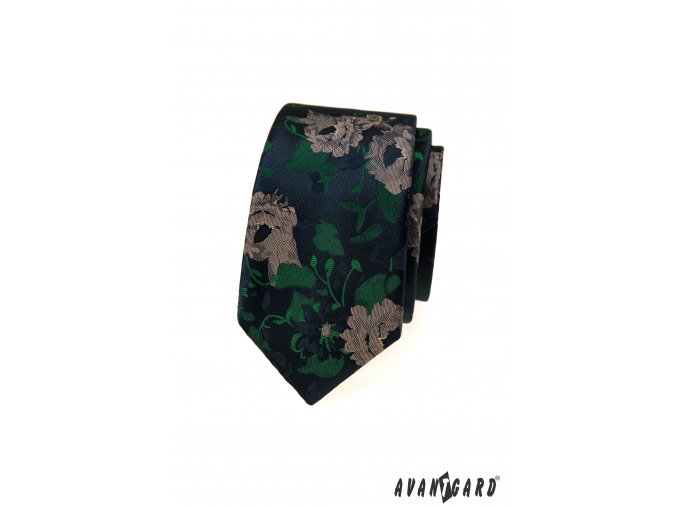 Tmavě modrá luxusní pánská slim kravata s květy a zelenými listy