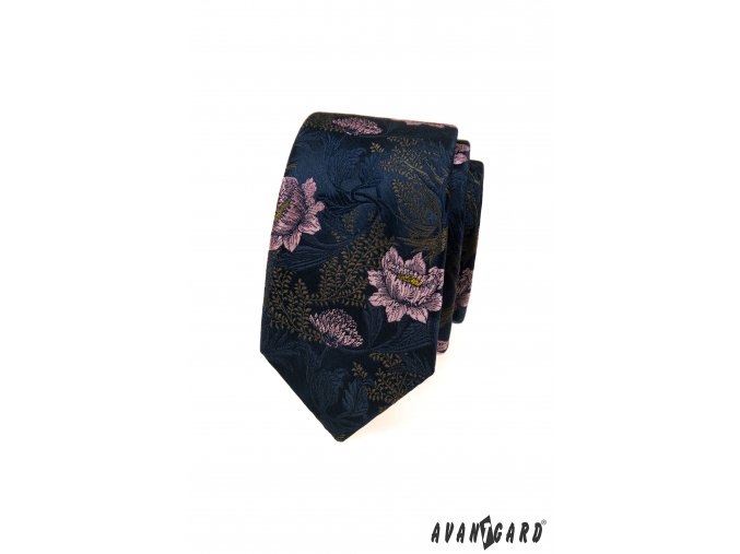 Velmi tmavě modrá luxusní pánská slim kravata s růžovými květy