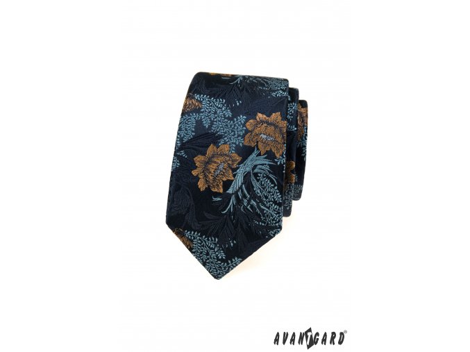 Tmavě modrá luxusní pánská slim kravata s květinami