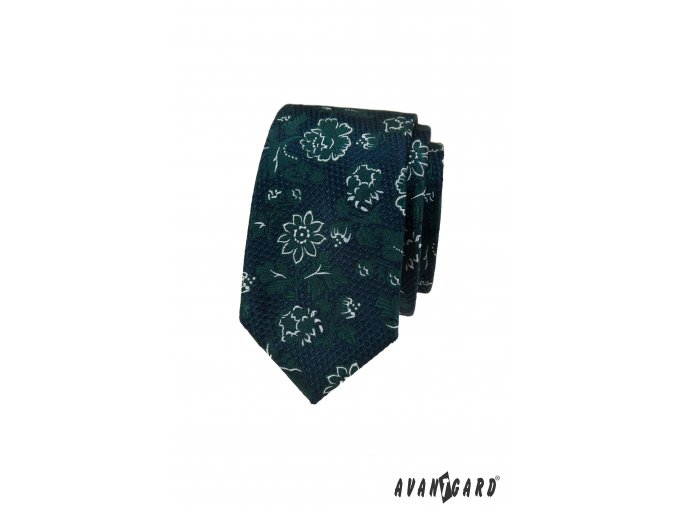 Tmavě modrá luxusní pánská slim kravata se zelenými květy