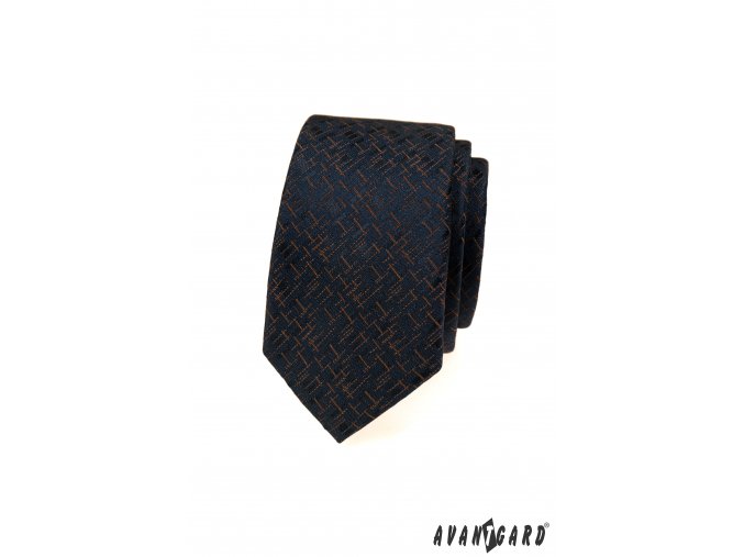 Tmavě modrá luxusní pánská slim kravata s hnědým přerušovaným vzorkem