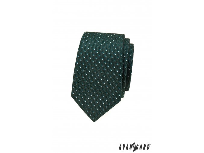 Tmavě zelená luxusní pánská slim kravata s bílým vzorem
