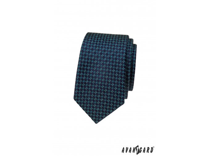 Tmavě modrá luxusní pánská slim kravata s tyrkysovým vzorem