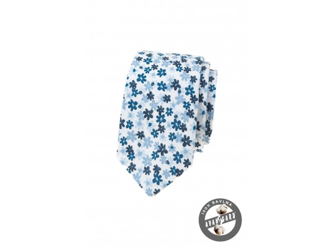 Bílá bavlněná luxusní slim kravata s květy