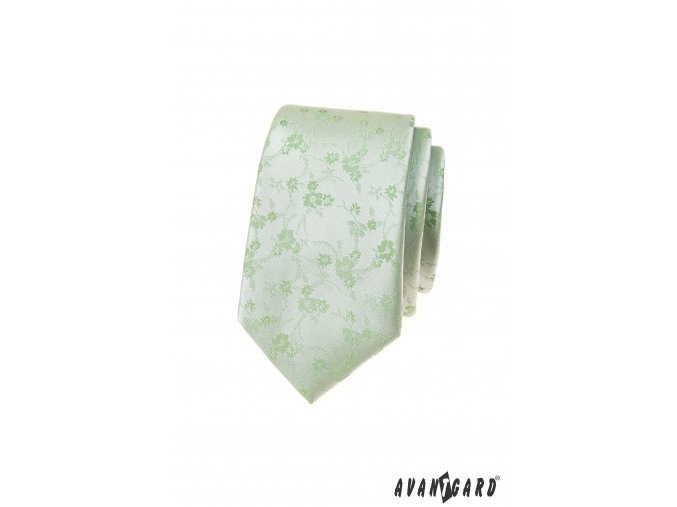 Světle zelená luxusní pánská slim kravata s květovaným vzorem