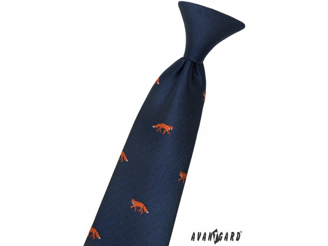 Tmavě modrá dětská kravata na gumičku se vzorem – liška