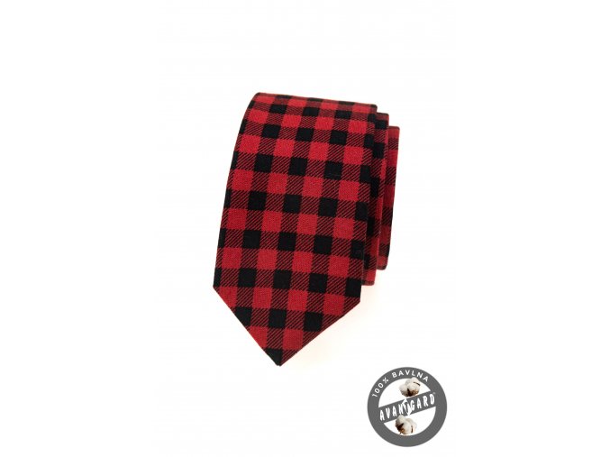 Červená károvaná pánská slim kravata