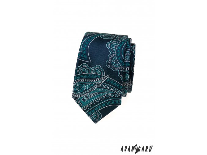 Modrá luxusní pánská slim kravata s tyrkysovým vzorem