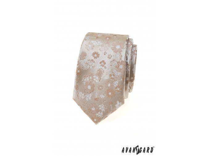Béžová lesklá luxusní pánská slim kravata s květy
