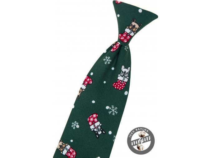Zelená bavlněná dětská kravata na gumičku s pejsky ve vánočních punčochách