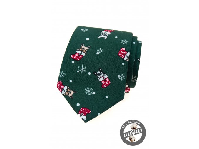 Zelená bavlněná luxusní pánská kravata – Buldog (vánoční motiv)