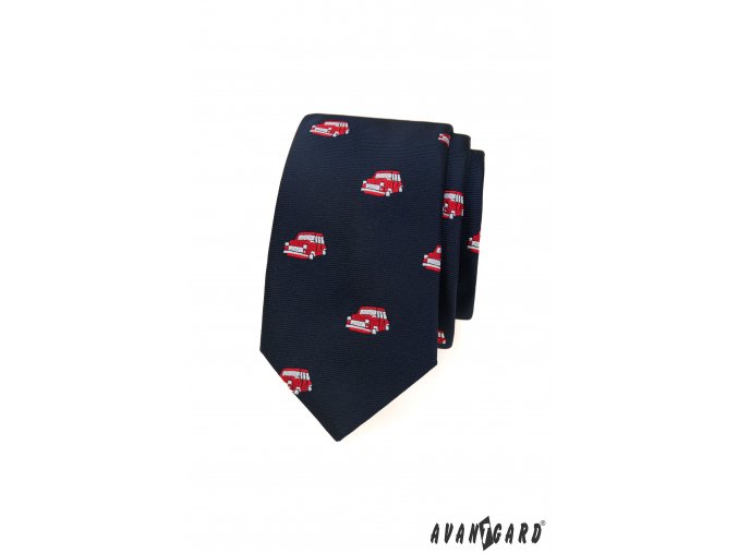 Tmavě modrá luxusní pánská slim kravata – Červené auto
