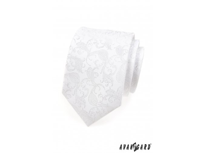 Sněhově bílá luxusní pánská kravata se vzorem + kapesníček do saka