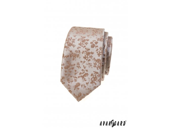 Béžová luxusní pánská slim kravata s béžovými květy