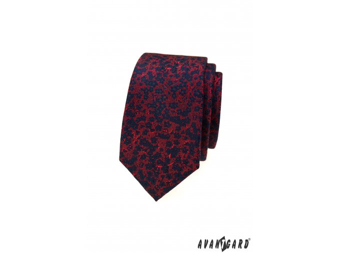 Tmavě modrá luxusní pánská slim kravata s květy a červeným vzorem