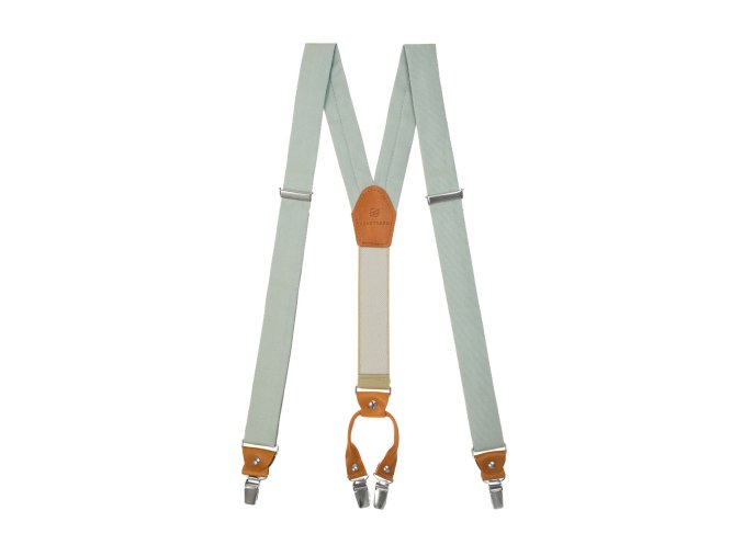 Šalvějově zelené široké látkové pánské kšandy s koňakově hnědým středem