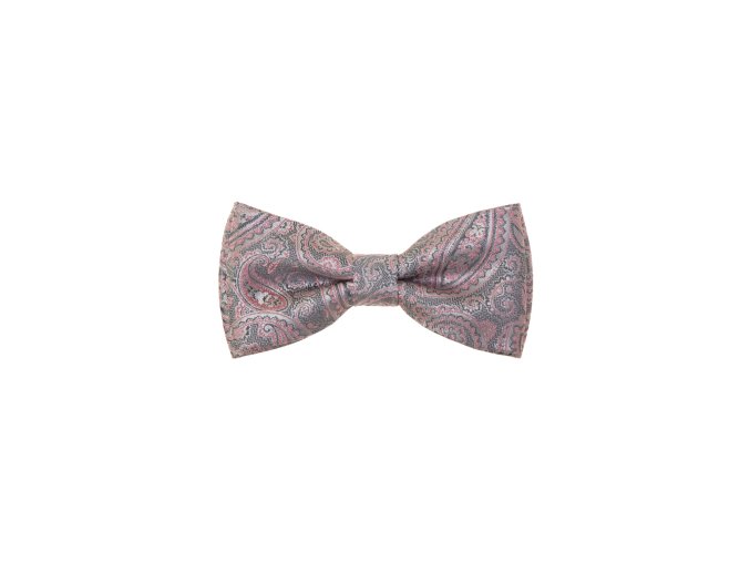 Šedý pánský motýlek s růžovým vzorem Paisley + kapesníček do saka