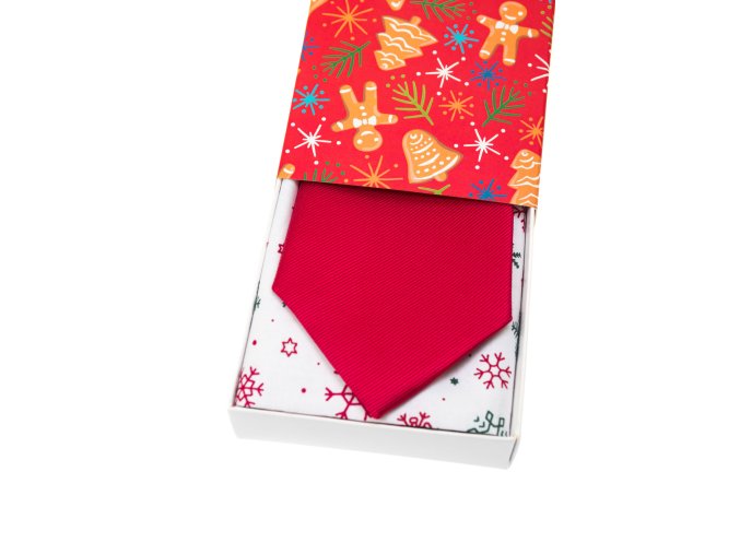Sytě červená luxusní pánská kravata + kapesníček do saka (vánoční dárková sada)