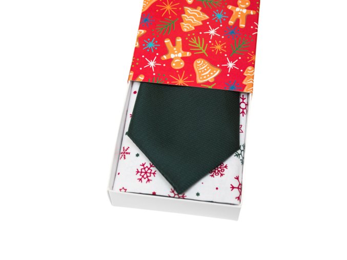 Tmavě zelená matná luxusní pánská kravata + kapesníček do saka (vánoční dárková sada)