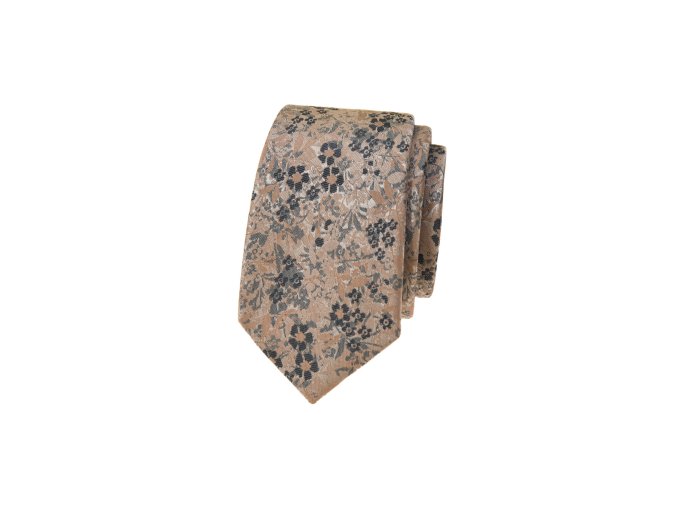 Béžová luxusní pánská slim kravata s tmavými květy