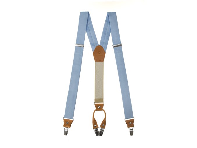 Světle modré široké látkové pánské kšandy s koňakově hnědým středem