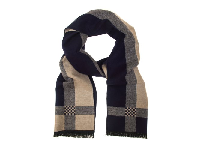 Modrá pánská šála s béžovou šachovnicí
