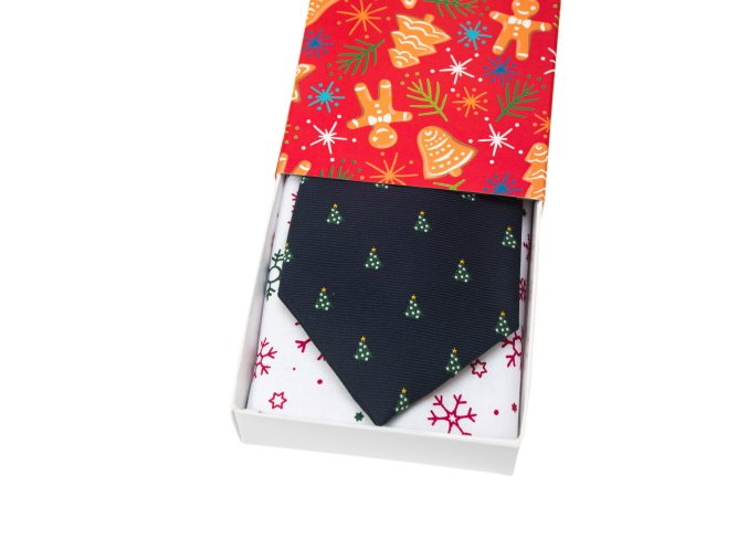 Modrá luxusní pánská kravata se stromečky + kapesníček do saka (vánoční dárková sada)