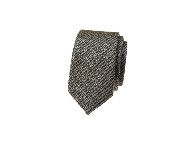 Béžová luxusní pánská slim kravata se zeleným vzorem