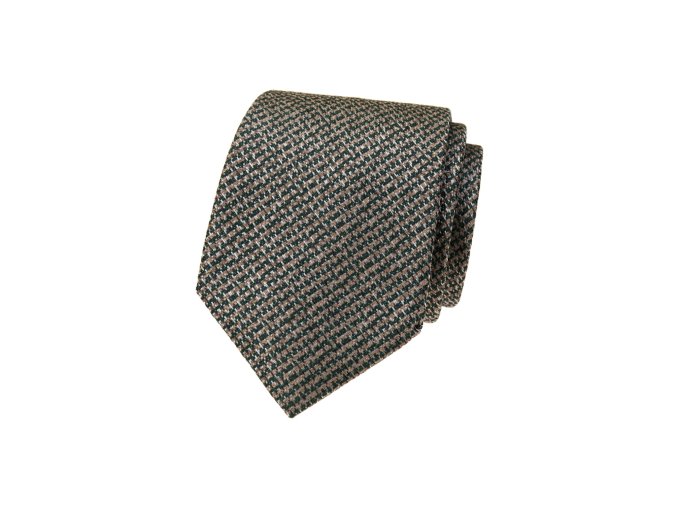 Béžová luxusní pánská kravata se zeleným vzorkem