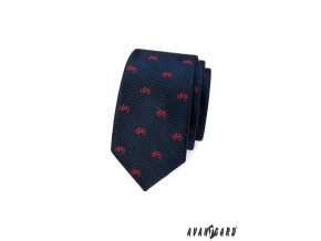 Tmavě modrá slim kravata s červeným vzorem - kolo