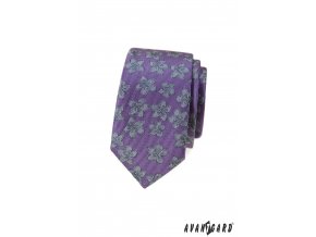 Fialová luxusní pánská slim kravata s květy