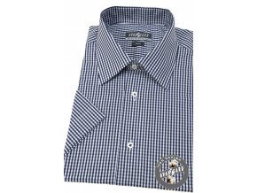 Pánská modrá luxusní košile s kostičkovaným vzorem SLIM FIT s krátkým rukávem 913-394