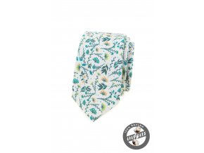 Bílá luxusní pánská slim kravata s tyrkysovými květy