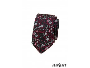 Černá luxusní pánská slim kravata s červeným květovaným vzorem