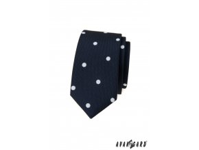 Tmavě modrá luxusní pánská slim kravata s bílými puntíky