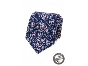 Tmavě modrá bavlněná luxusní pánská kravata s květy