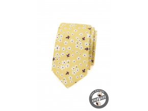 Světle žlutá bavlněná luxusní pánská slim kravata s květy