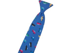 Zářivě modrá dětská kravata na gumičku s barevnými auty (44 cm)