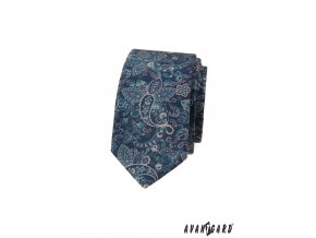 Modrá luxusní pánská slim kravata s orientálním vzorem