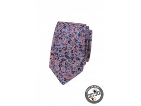 Pudrová bavlněná luxusní pánská slim kravata s modrými květinami
