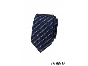 Tmavě modrá luxusní pánská slim kravata s hnědo-bílým vzorem