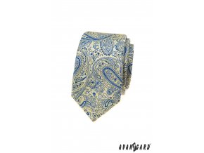 Žlutá luxusní pánská slim kravata s modrým vzorem